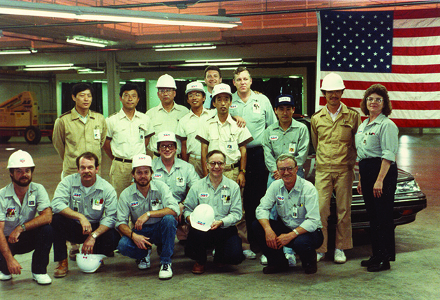 Subaru employees with first production vehicle (Lafayette, Indiana)
